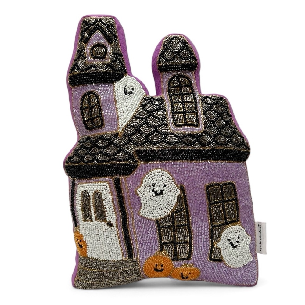 Cupcakes & Cashmere Purple Beaded Halloween Ghost Haunted House Pillow